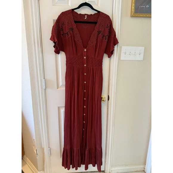 Free People Collette Maxi Dress M Rust Lace Boho Button Front Romantic Cottage - Picture 3 of 11